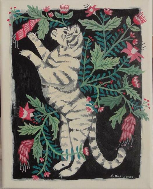 Obraz olejny biały tygrys / dziki kot tygrysek i kwiaty