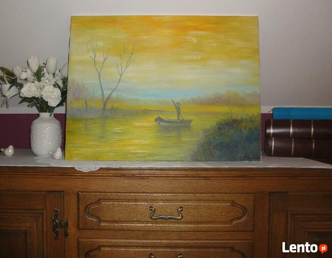 Obraz olejny łódka i zachód słońca / łódź / pejzaż