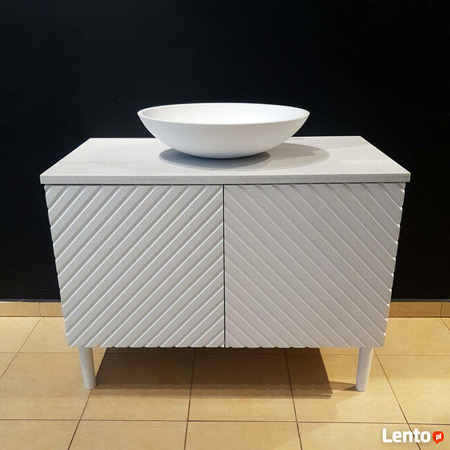 Szafka łazienkowa z motywem jodełki, z blatem i umywalką