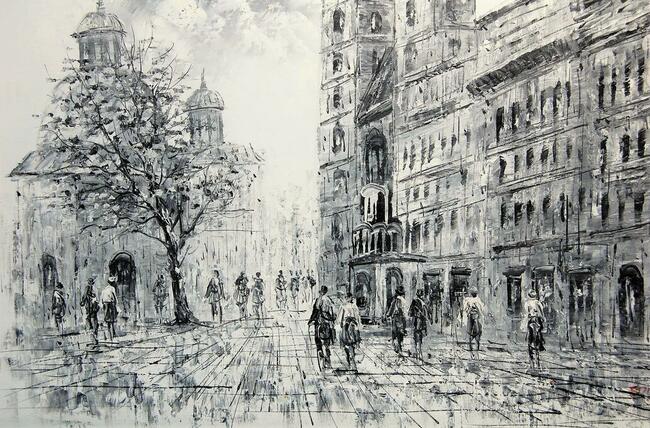 Obraz olejny, Kościół Mariacki, Kraków, czarno-biały