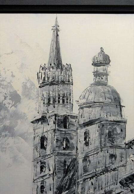 Obraz olejny, Kościół Mariacki, Kraków, czarno-biały