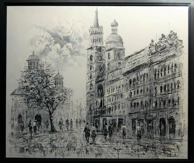 Obraz olejny, Kościół Mariacki, Kraków, czarno-biały