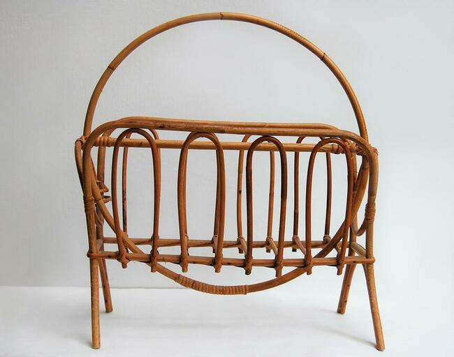 Gazetnik rattanowy, rattan, art deco, design, lata 60, PRL