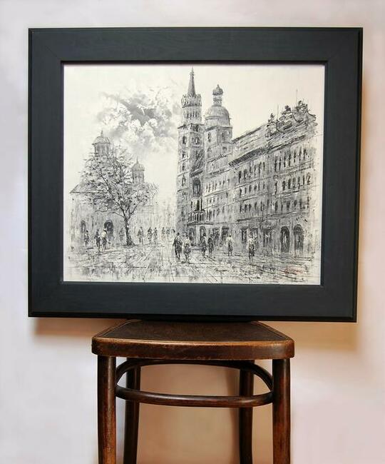 Obraz olejny, Kościół Mariacki, Kraków, czarno-biały