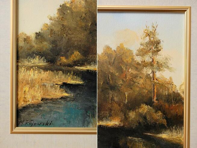 Pejzaż las rzeka obraz olejny ręcznie malowany M. Rojewski