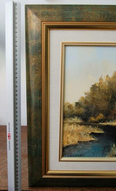 Pejzaż las rzeka obraz olejny ręcznie malowany M. Rojewski