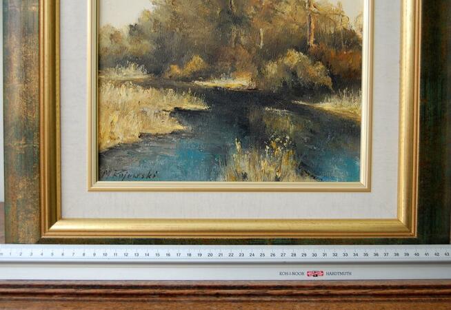 Pejzaż las rzeka obraz olejny ręcznie malowany M. Rojewski