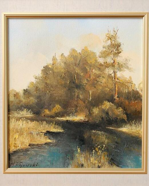 Pejzaż las rzeka obraz olejny ręcznie malowany M. Rojewski