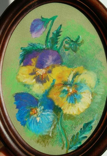 Bratki, kwiaty malowane, pastele, stary obraz, Szwajcaria