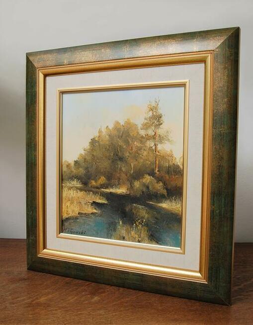 Pejzaż las rzeka obraz olejny ręcznie malowany M. Rojewski