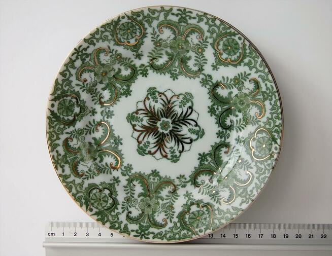 Talerze vintage deserowe zielone chińska porcelana złocenia