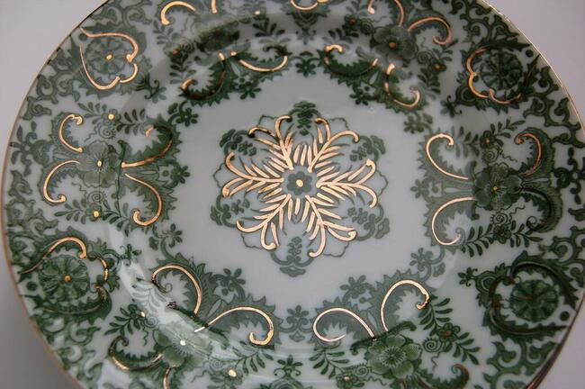 Talerze vintage deserowe zielone chińska porcelana złocenia