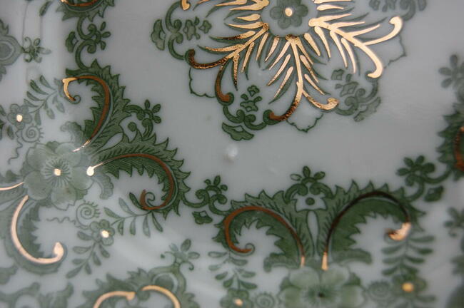 Talerze vintage deserowe zielone chińska porcelana złocenia