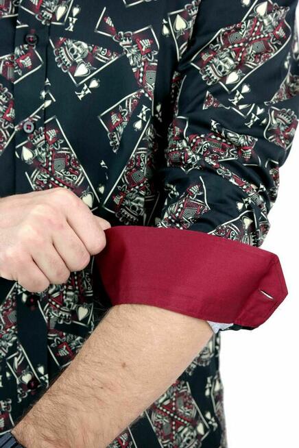 DANIEL BESSI Koszula Męska Fb045 Czarna, KARTY, Czaszki