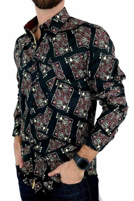 DANIEL BESSI Koszula Męska Fb045 Czarna, KARTY, Czaszki