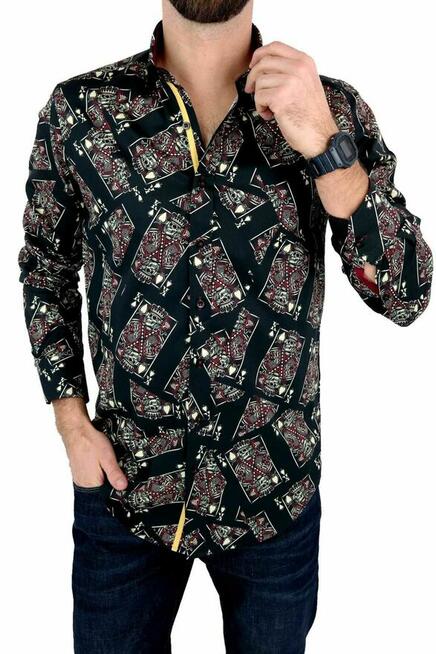 DANIEL BESSI Koszula Męska Fb045 Czarna, KARTY, Czaszki