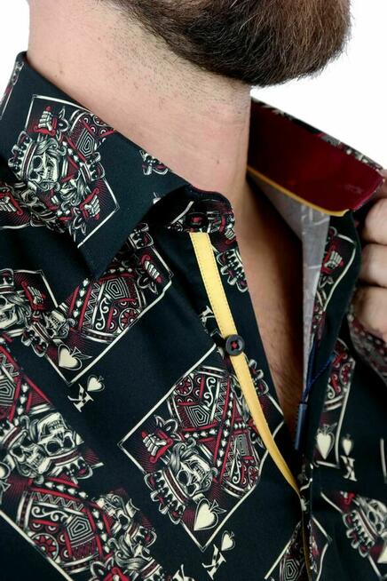 DANIEL BESSI Koszula Męska Fb045 Czarna, KARTY, Czaszki