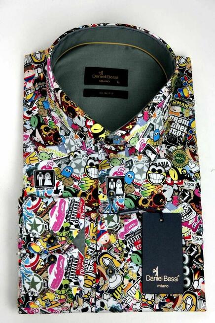 DANIEL BESSI Koszula Męska Fb078 Emotki Kolorowa Bajki Gry