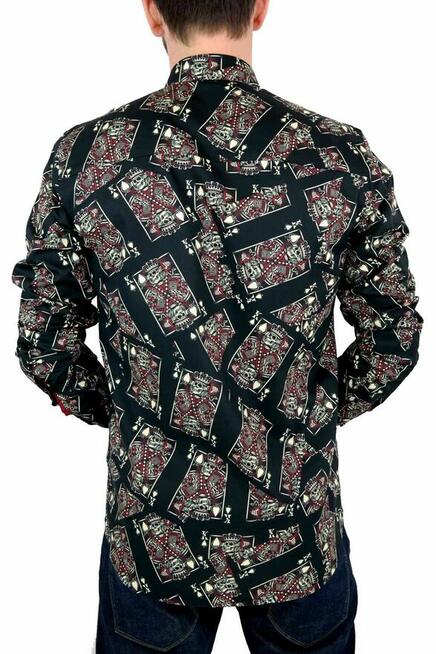 DANIEL BESSI Koszula Męska Fb045 Czarna, KARTY, Czaszki