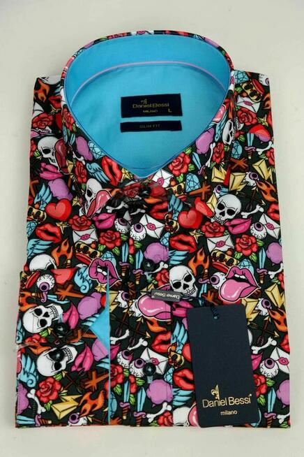 DANIEL BESSI Koszula Męska Fb065 Kolorowa Czachy Usta Róże
