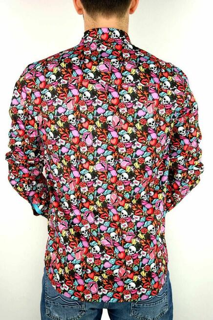 DANIEL BESSI Koszula Męska Fb065 Kolorowa Czachy Usta Róże