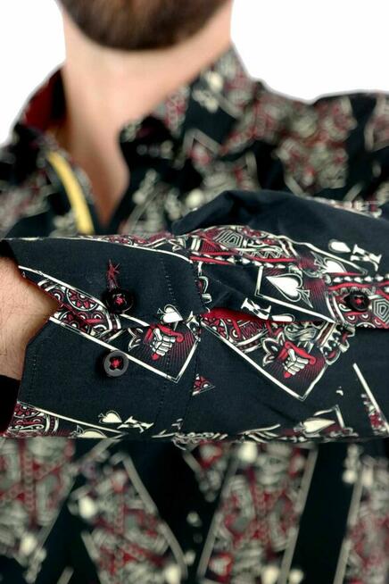 DANIEL BESSI Koszula Męska Fb045 Czarna, KARTY, Czaszki