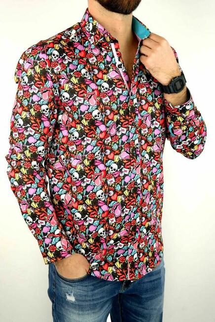 DANIEL BESSI Koszula Męska Fb065 Kolorowa Czachy Usta Róże
