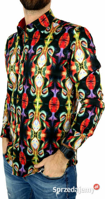 DANIEL BESSI Koszula Męska Fb080 Kolorowa, WITRAŻE Neony