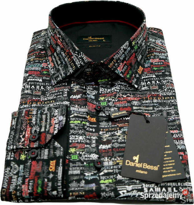 DANIEL BESSI Koszula Męska Fb091 Zespoły Muzyczne, Czarna,
