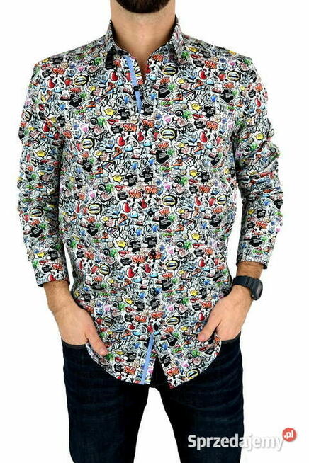 DANIEL BESSI Koszula Męska Fb079 Kolorowa, Komiks, Emotki
