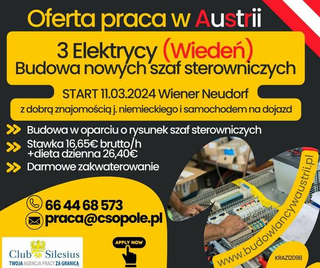 Elektrycy Monter Szaf- praca w Austrii kwiecień 2024