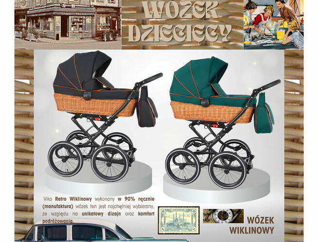 Wózek dziecięcy Retro Wiklinowy zestaw 3w1 z wikliny