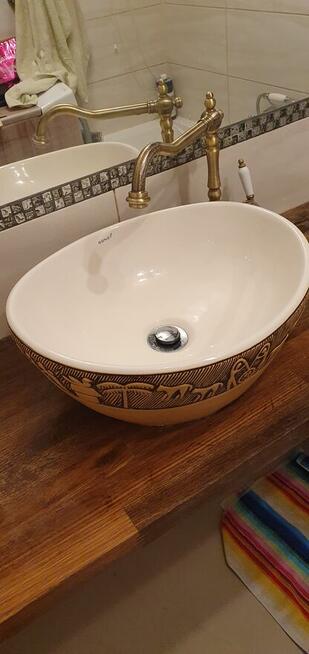 Blat drewniany, dąb, umywalka i bateria retro