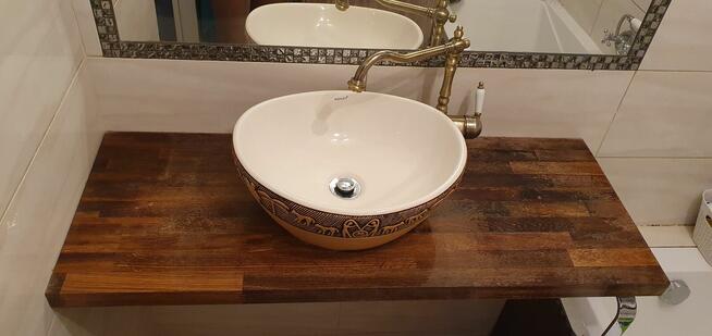 Blat drewniany, dąb, umywalka i bateria retro