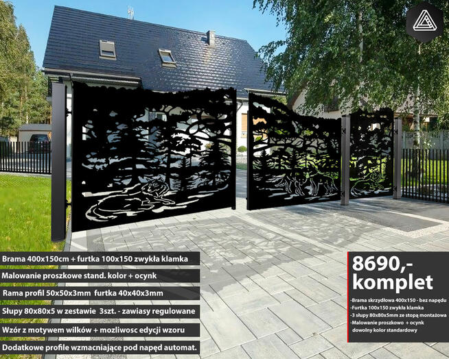 Brama skrzydłowa CNC -Wahadłowa - wilki las+ Furtka+ 3 słupy