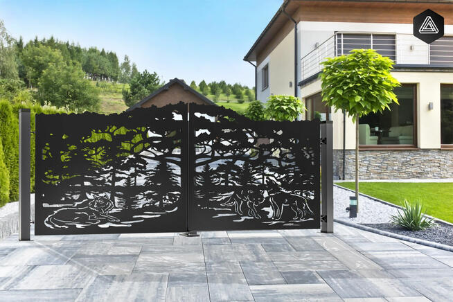 Brama skrzydłowa CNC -Wahadłowa - wilki las+ Furtka+ 3 słupy