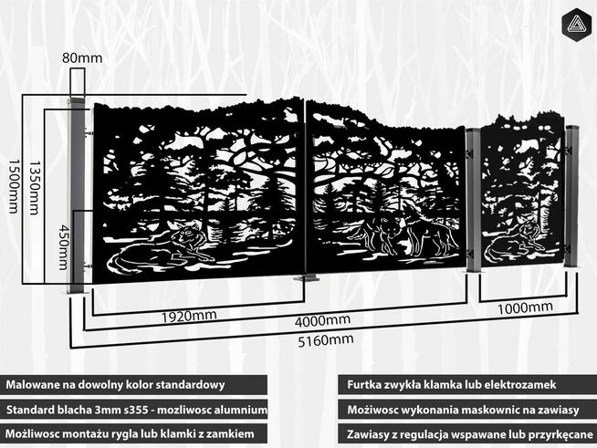 Brama skrzydłowa CNC -Wahadłowa - wilki las+ Furtka+ 3 słupy