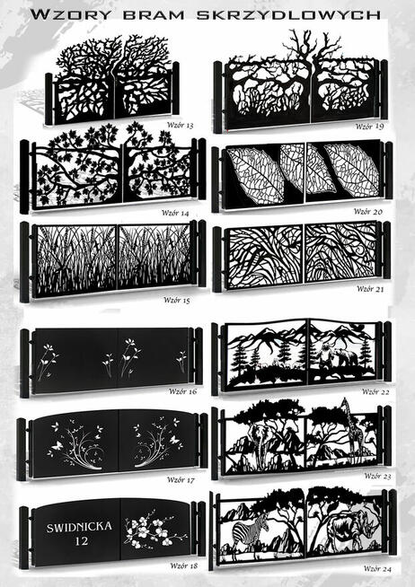 Brama skrzydłowa CNC -Wahadłowa - wilki las+ Furtka+ 3 słupy