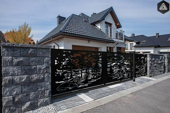 Brama przesuwna 4m Wilki las + furtka –malowana proszkowo