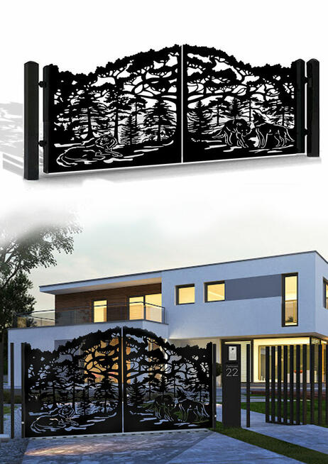 Brama skrzydłowa CNC -Wahadłowa - wilki las+ Furtka+ 3 słupy