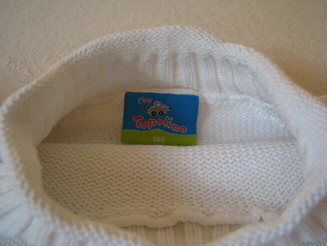 Biały sweterek dziecięcy z pasem wzorów, rozm. 104, Topolino