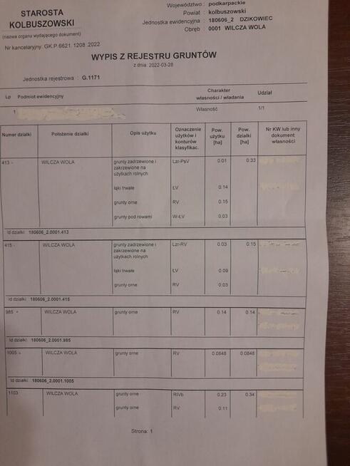 Sprzedam działki rolne w Wilczej Woli gmina Dzikowiec