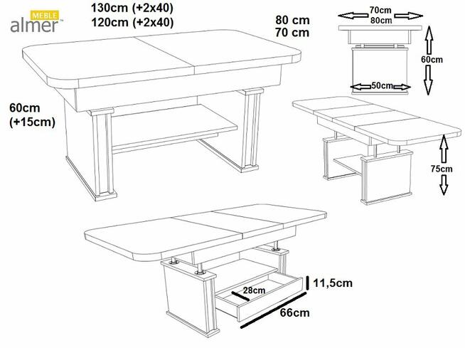 Ławostół L15 SZUFLADA 120(+2x40)x70 w60(+15) dąb craft złoty
