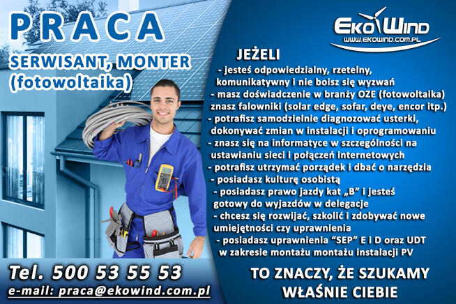 Praca! Serwisant instalacji OZE