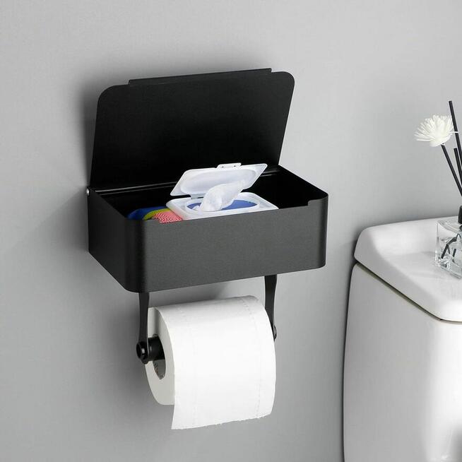 Uchwyt na papier toaletowy z półka Czarny stal nierdzewna
