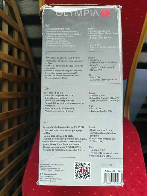Niszczarka do papieru dokumentow płyt CD DVD Olympia PS38CD