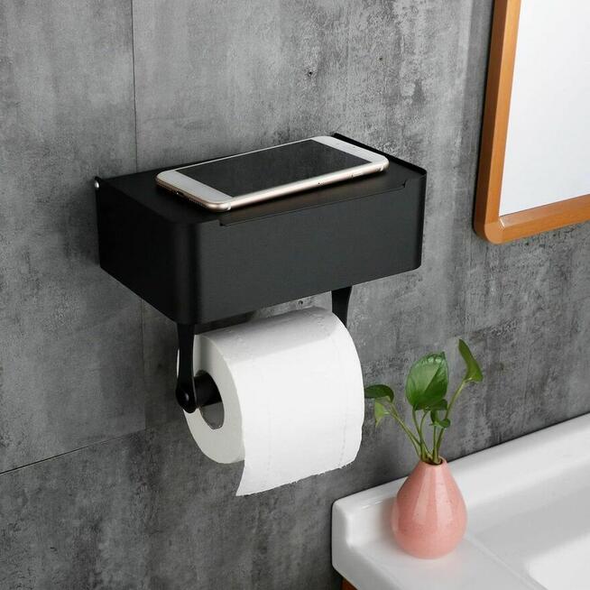 Uchwyt na papier toaletowy z półka Czarny stal nierdzewna