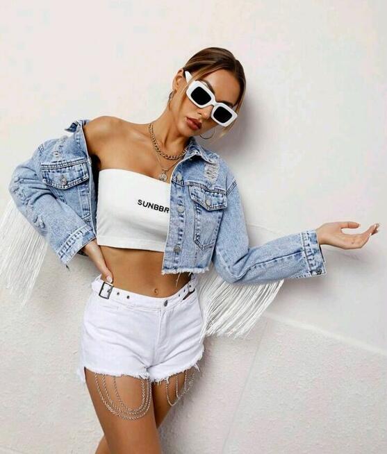 Frenchy Jeansowa kurtka z guzikami z przodu, postrzępi