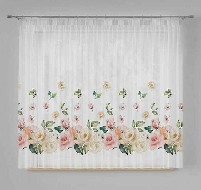 Firany żakardowe gotowe z taśmą marszczącą i na metry