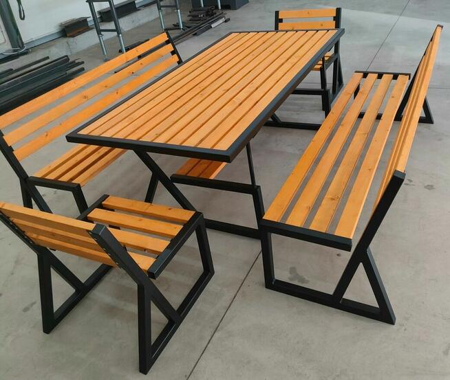 Ławka ogrodowa do stołu, metalowa, drewniana